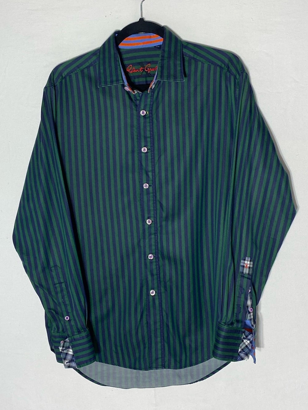 Robert Graham Green Blue Cotton Striped Flip Cuff Long Sleeve Button Up Shirt M